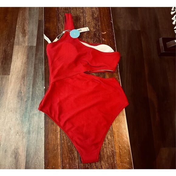 CUPSHE Women's One Piece Swimsuit One Shoulder Cut Out Ribbed Swimwear - Picture 3 of 5